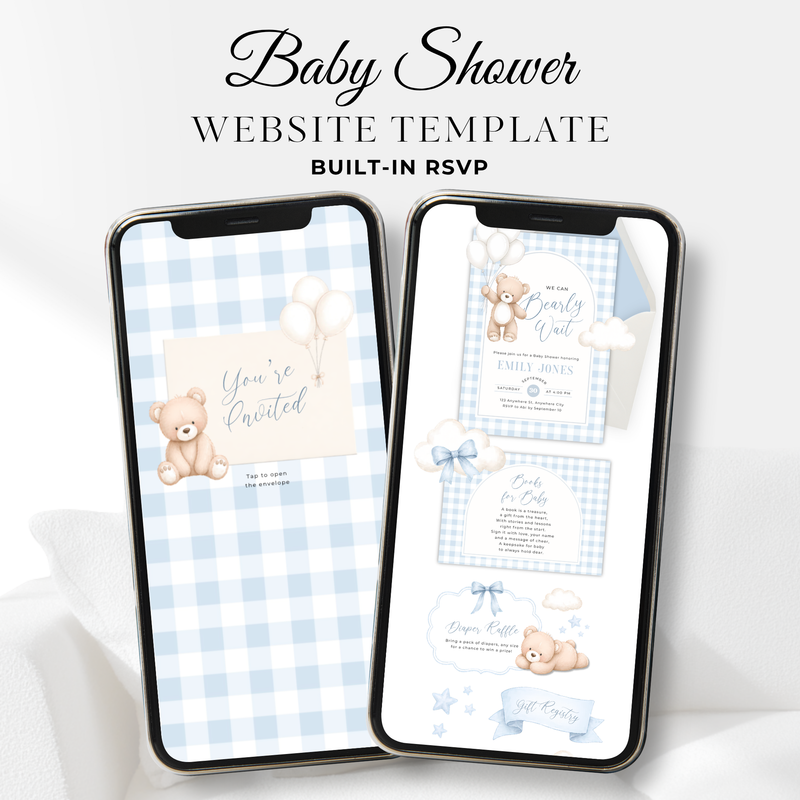 Boy Bear Baby Shower Website Template - Blue Bearly Wait Theme BS295