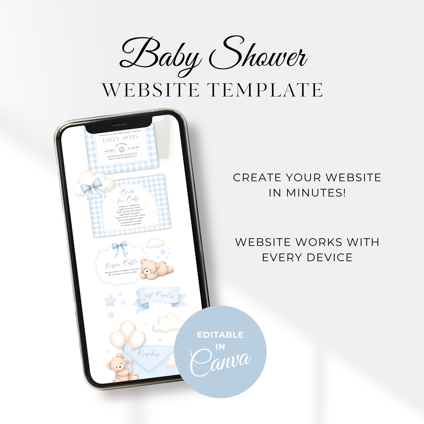 Boy Bear Baby Shower Website Template - Blue Bearly Wait Theme BS295