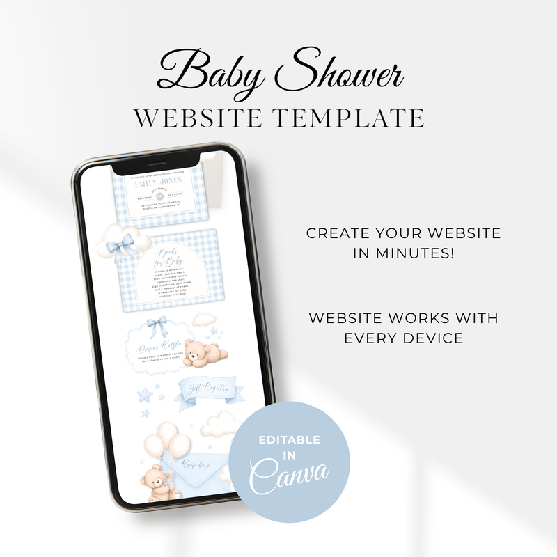 Boy Bear Baby Shower Website Template - Blue Bearly Wait Theme BS295