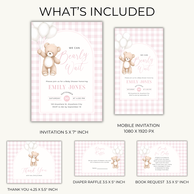 Bear Baby Shower Invitation Bundle Girl - Soft Pink Teddy Theme BS295