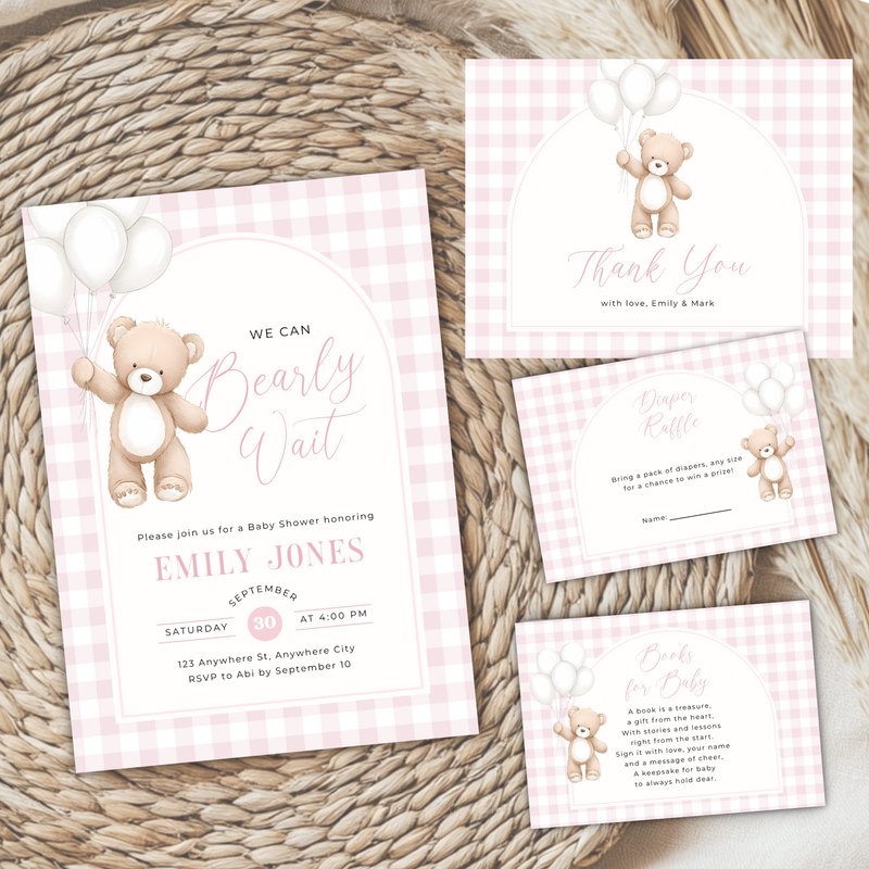 Bear Baby Shower Invitation Bundle Girl - Soft Pink Teddy Theme BS295