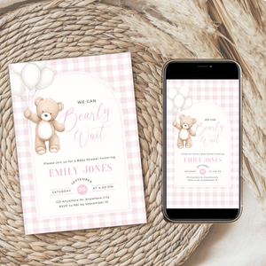 Bear Baby Shower Invitation Bundle Girl - Soft Pink Teddy Theme BS295