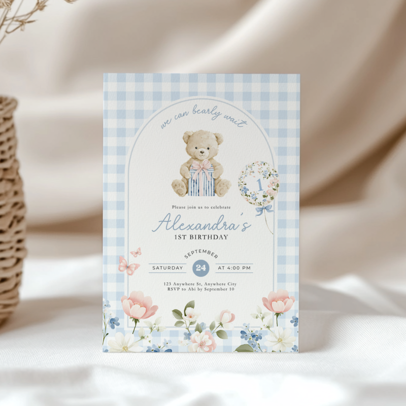 Beary First Birthday Invitation Blue Gingham L93