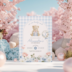 Beary First Birthday Invitation Blue Gingham L93