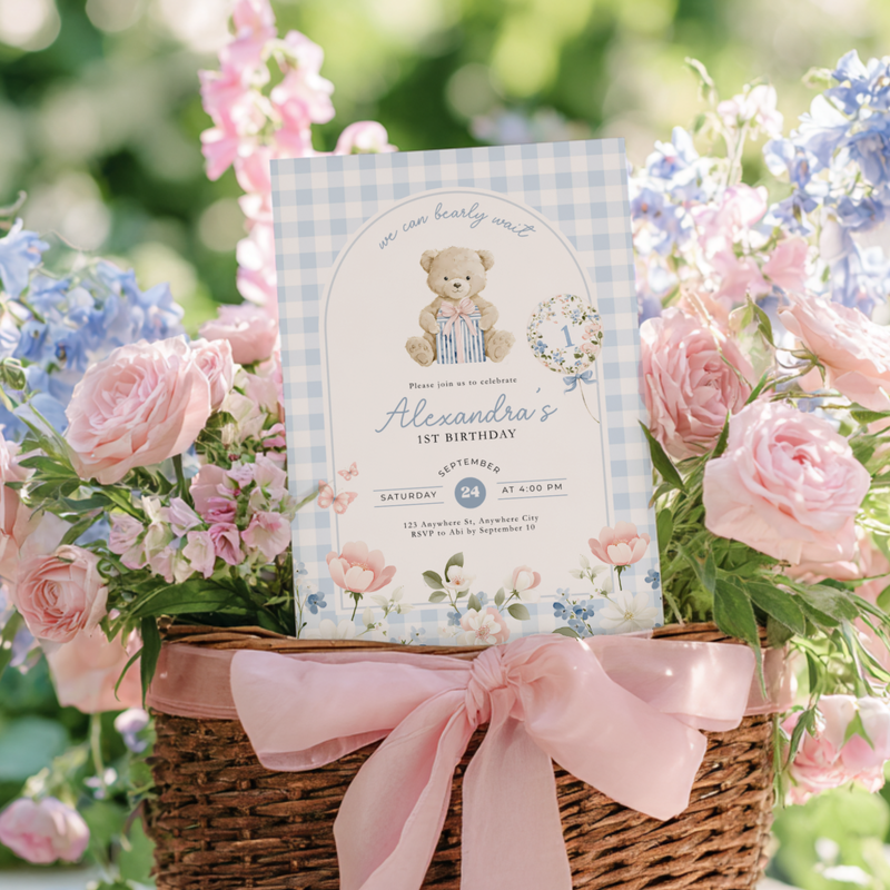 Beary First Birthday Invitation Blue Gingham L93