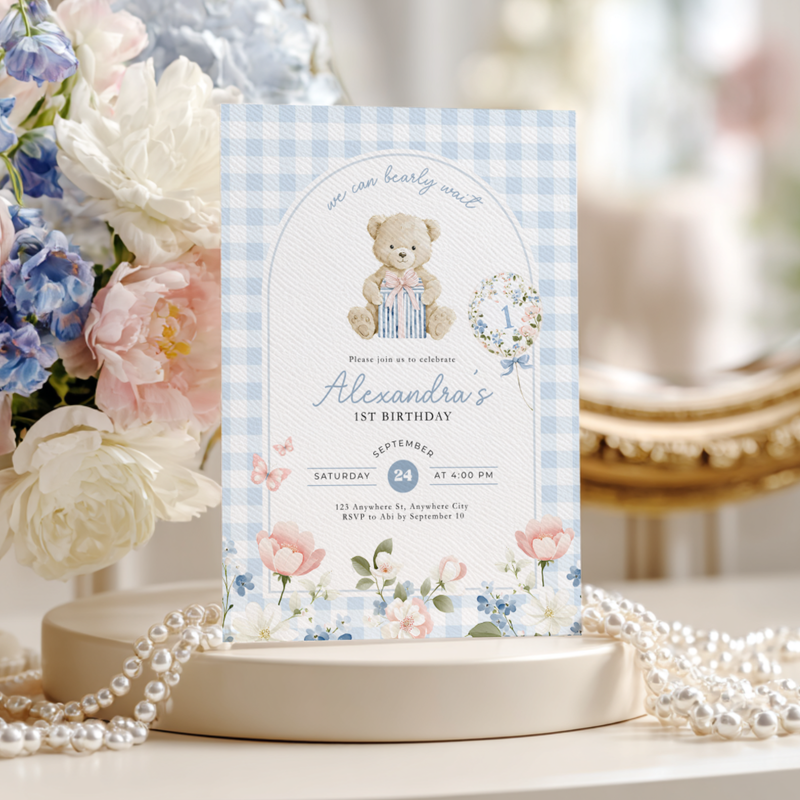 Beary First Birthday Invitation Blue Gingham L93