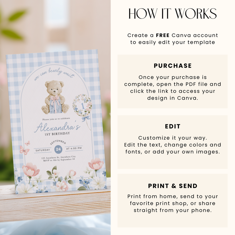 Beary First Birthday Invitation Blue Gingham L93