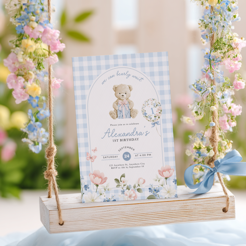 Beary First Birthday Invitation Blue Gingham L93