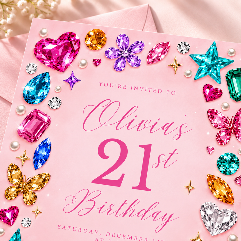 Gemstone 21st Birthday Invitation – Pink Y2K Bedazzled Party Invite L189