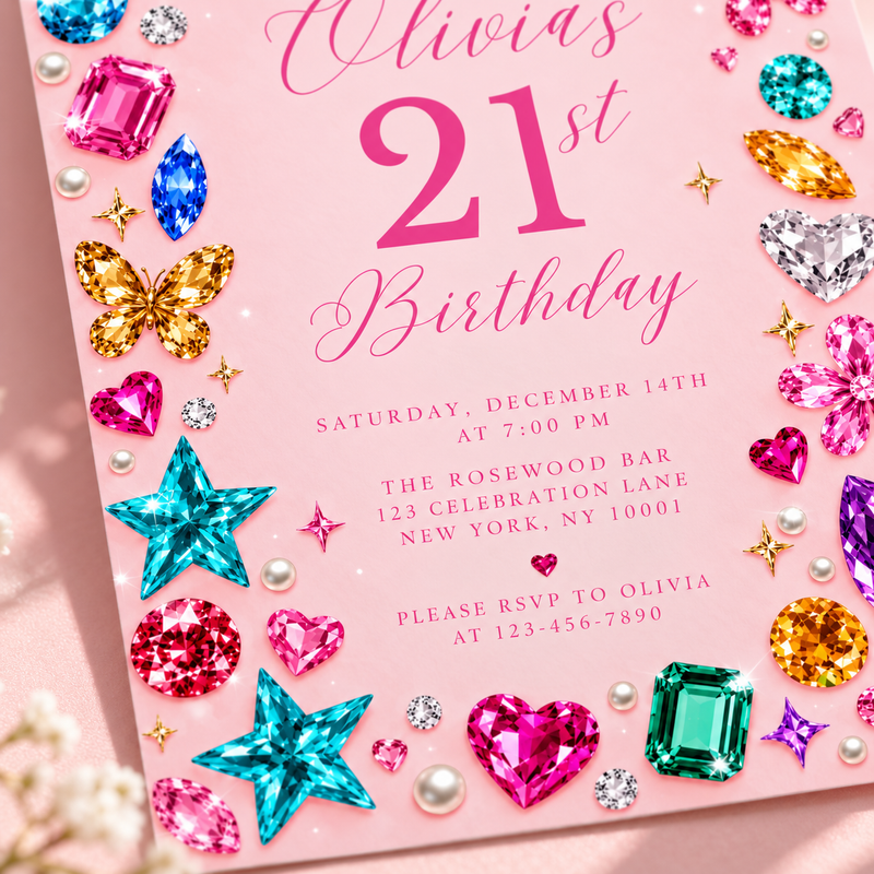 Gemstone 21st Birthday Invitation – Pink Y2K Bedazzled Party Invite L189