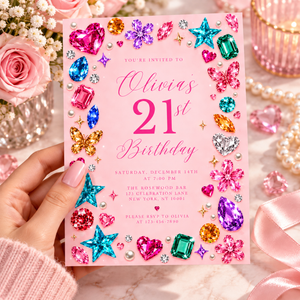 Gemstone 21st Birthday Invitation – Pink Y2K Bedazzled Party Invite L189