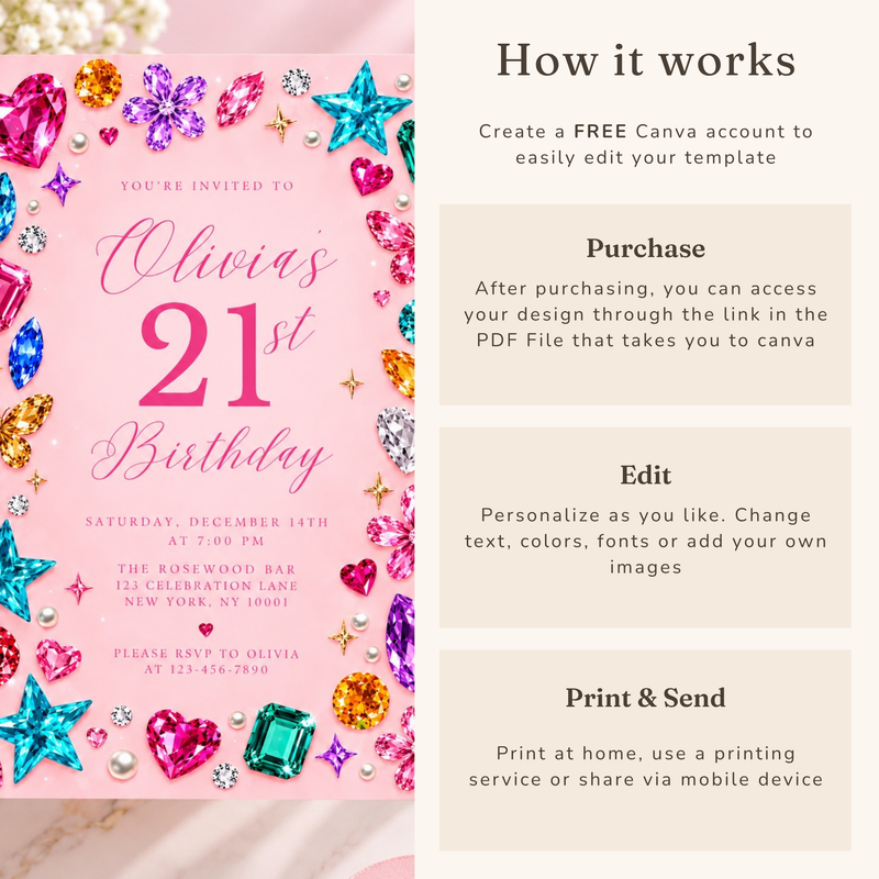 Gemstone 21st Birthday Invitation – Pink Y2K Bedazzled Party Invite L189