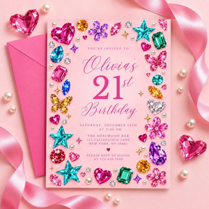 Gemstone 21st Birthday Invitation – Pink Y2K Bedazzled Party Invite L189