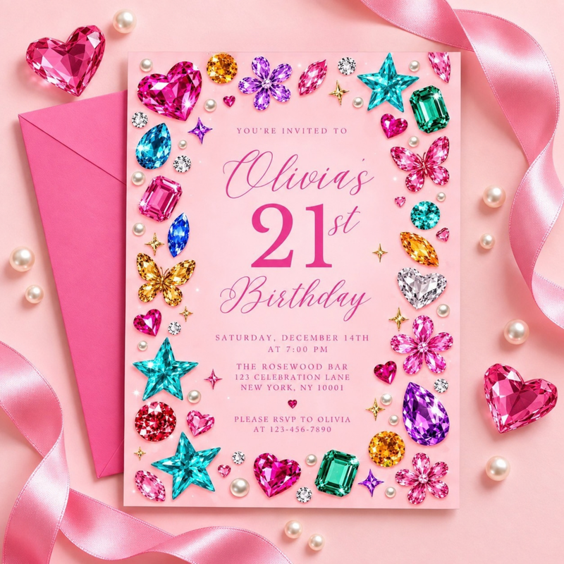 Gemstone 21st Birthday Invitation – Pink Y2K Bedazzled Party Invite L189