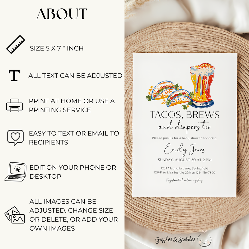 Baby Shower Invitation - Tacos, Brews & Diapers Too BS156