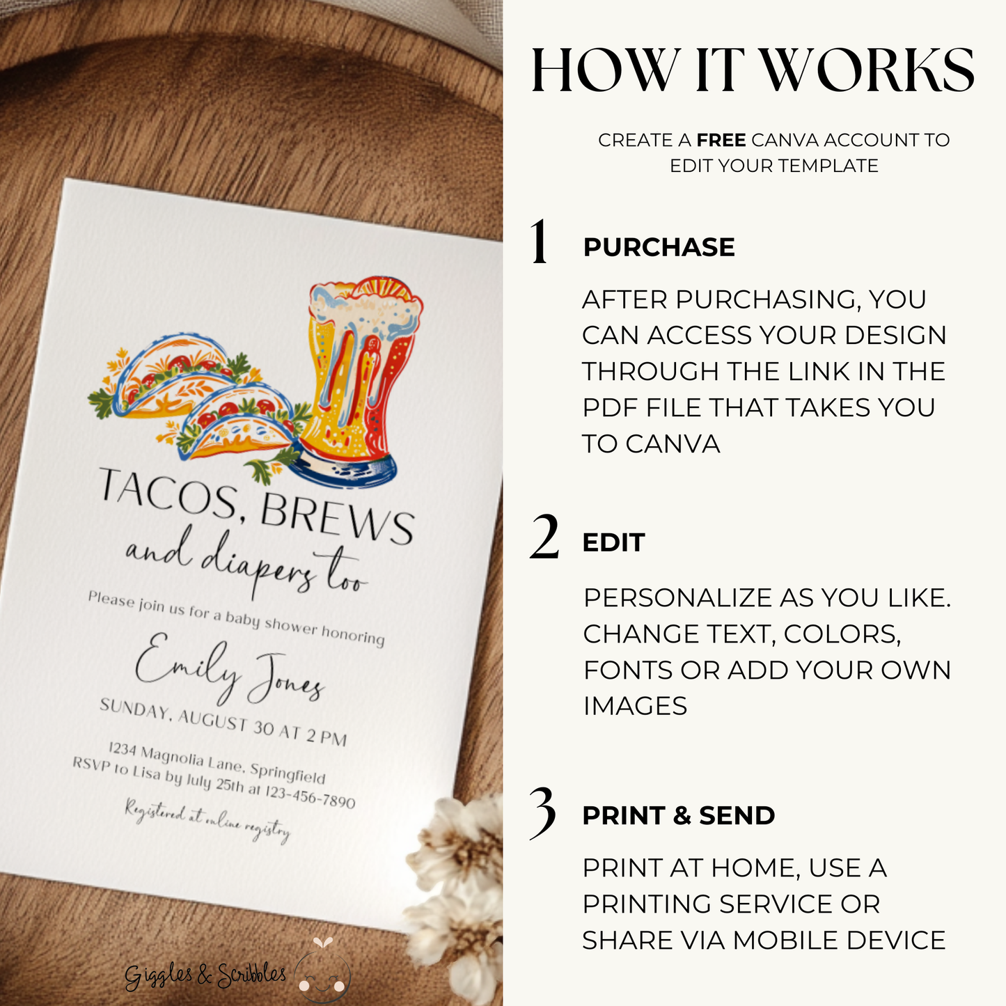 Baby Shower Invitation - Tacos, Brews & Diapers Too BS156