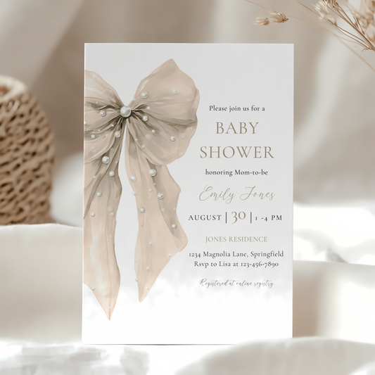 Baby Shower Invitation - Beige Coquette Bow with Pearls BS164