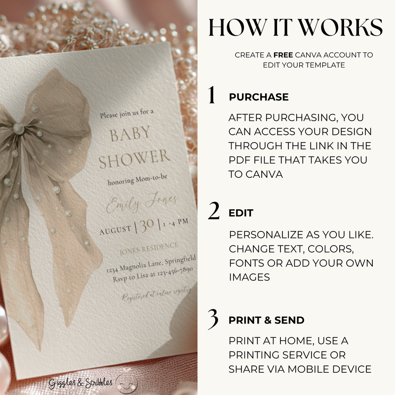 Baby Shower Invitation - Beige Coquette Bow with Pearls BS164