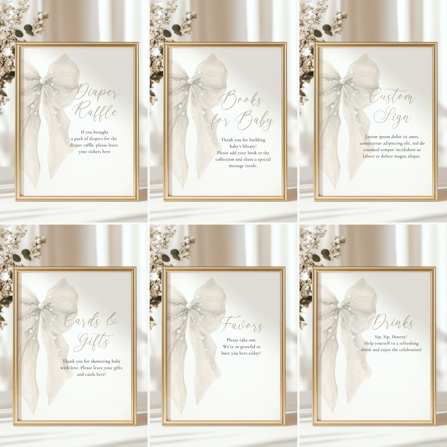 Baby Shower Table Sign Bundle - Big Beige Bows & Coquette Pearls BS164