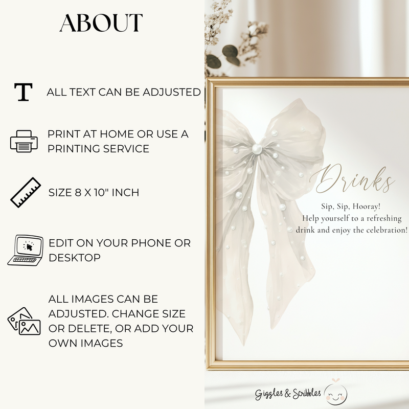 Baby Shower Table Sign Bundle - Big Beige Bows & Coquette Pearls BS164