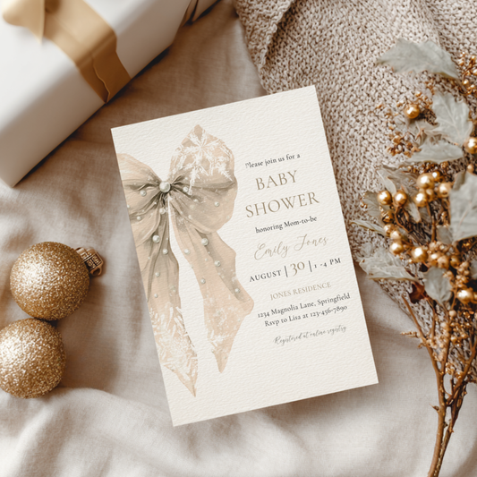 Baby Shower Invitation - Beige Bow with Snowflakes BS257