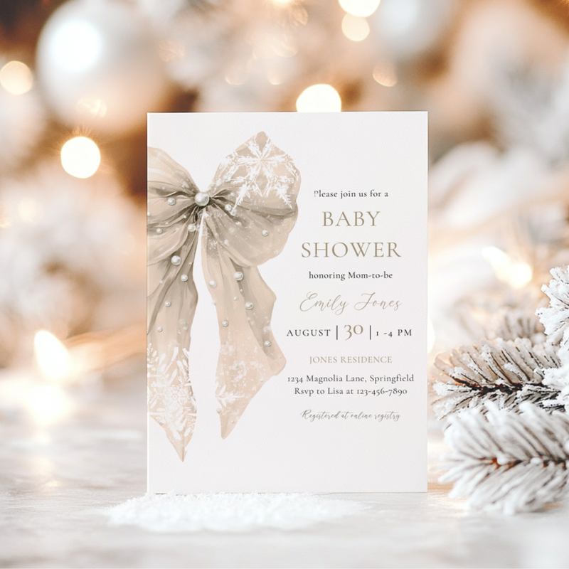 Baby Shower Invitation - Beige Bow with Snowflakes BS257