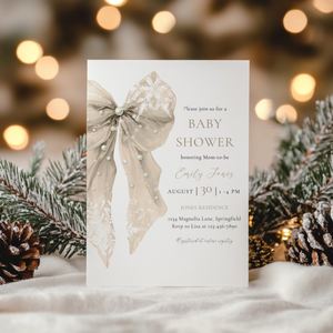 Baby Shower Invitation - Beige Bow with Snowflakes BS257