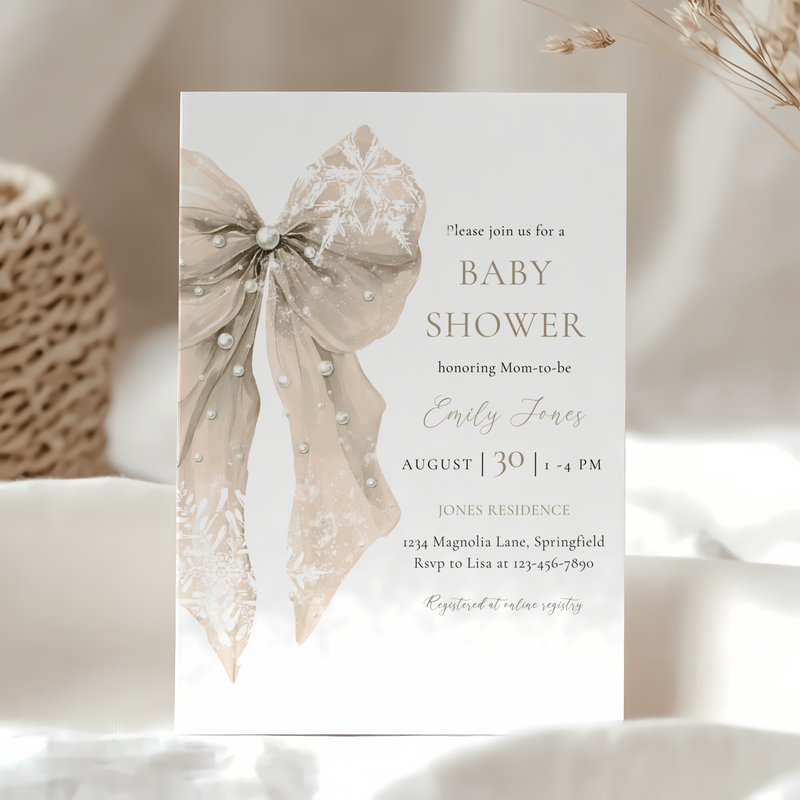 Baby Shower Invitation - Beige Bow with Snowflakes BS257