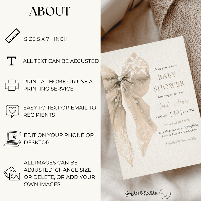 Baby Shower Invitation - Beige Bow with Snowflakes BS257
