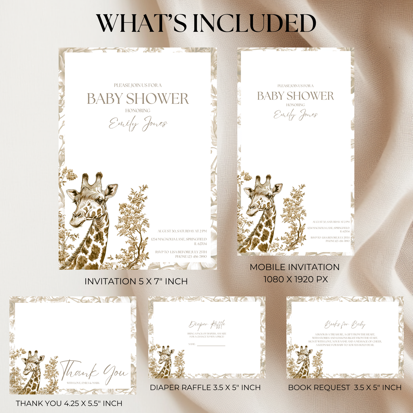 Baby Shower Invitation Bundle - Beige Safari Chinoiserie Giraffe BS15
