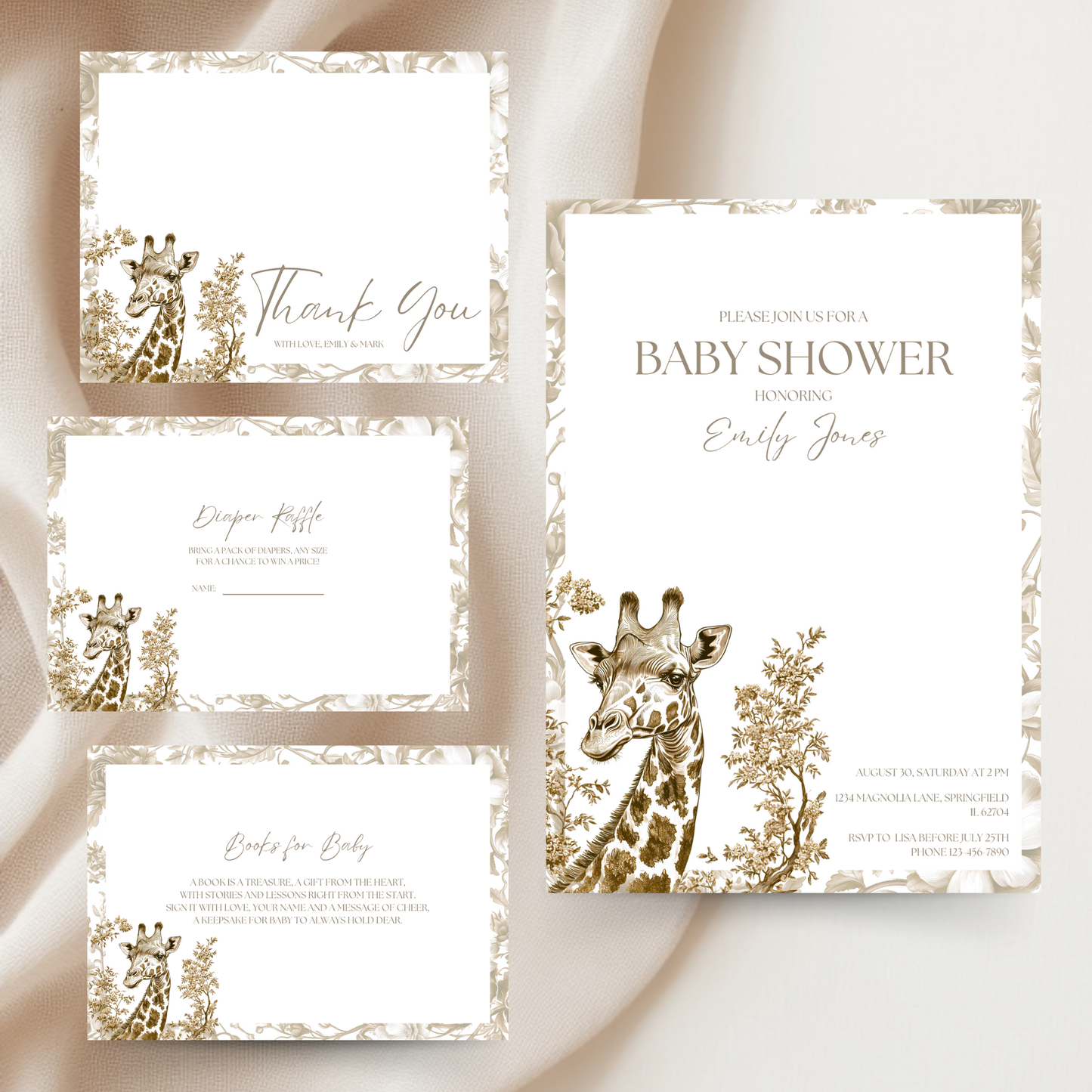 Baby Shower Invitation Bundle - Beige Safari Chinoiserie Giraffe BS15