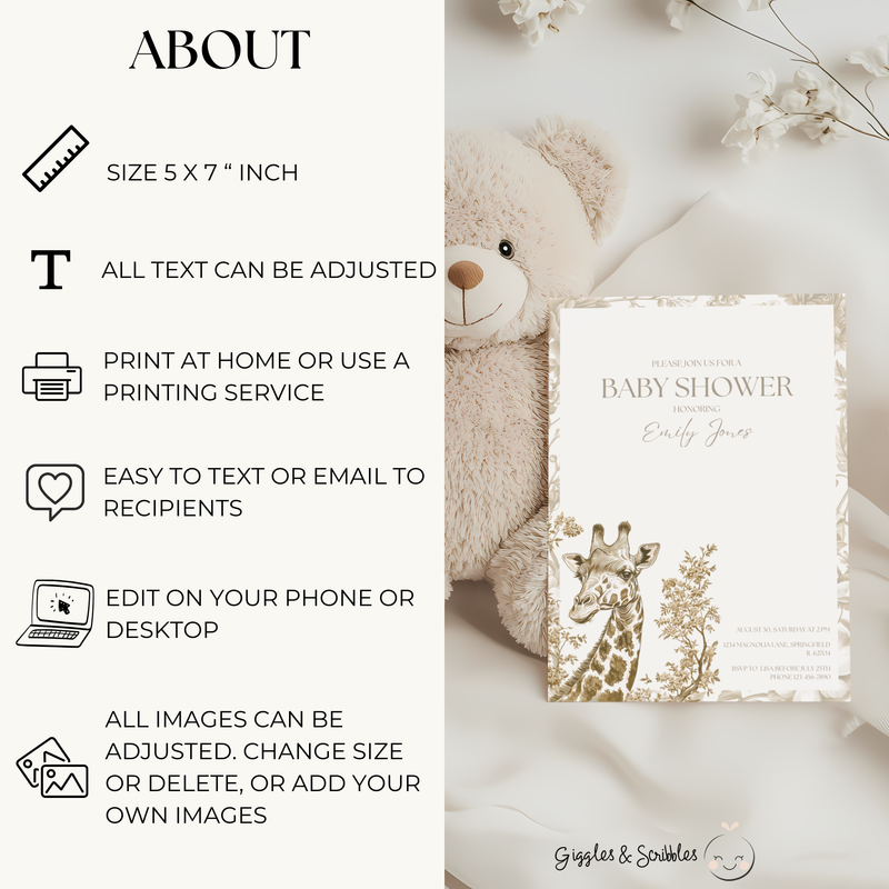 Baby Shower Invitation - Beige Safari Chinoiserie Giraffe BS15