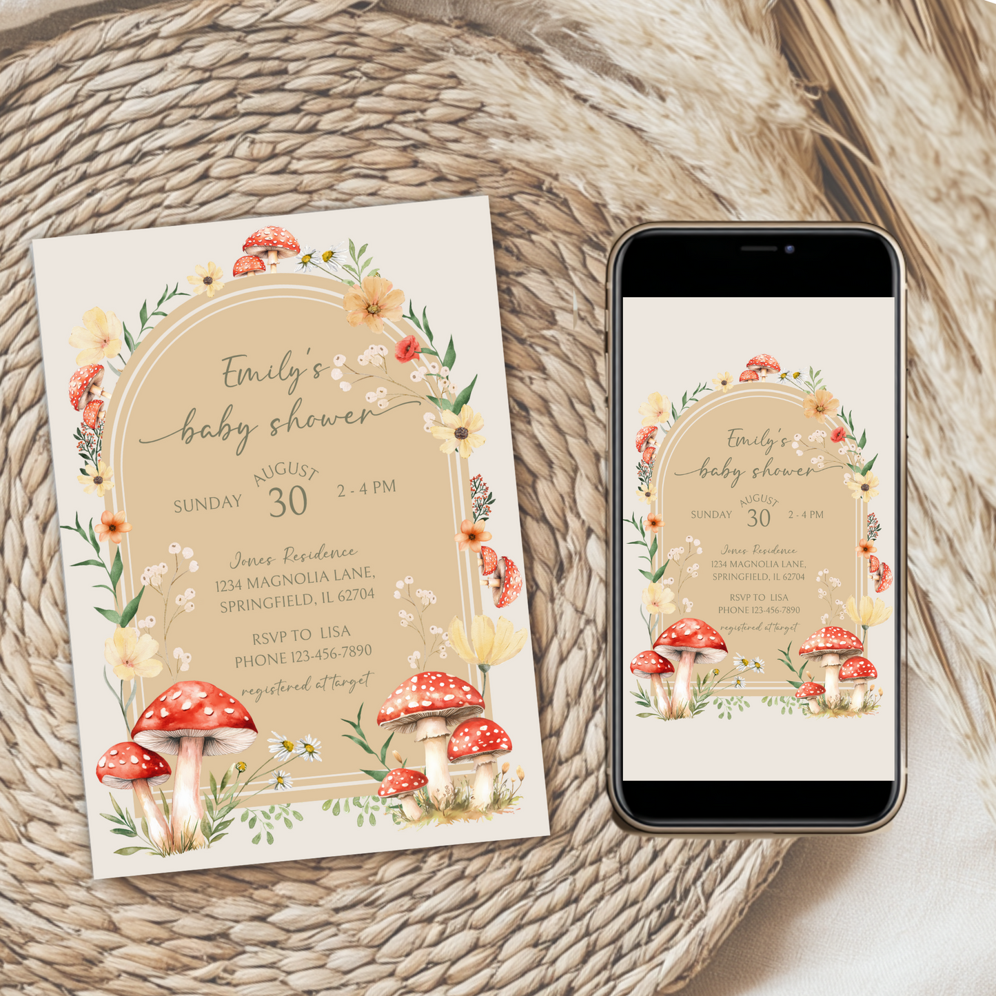Baby Shower Invitation Bundle - Little Fungi On The Way Fall Mushroom Neutral Beige Forest BS82