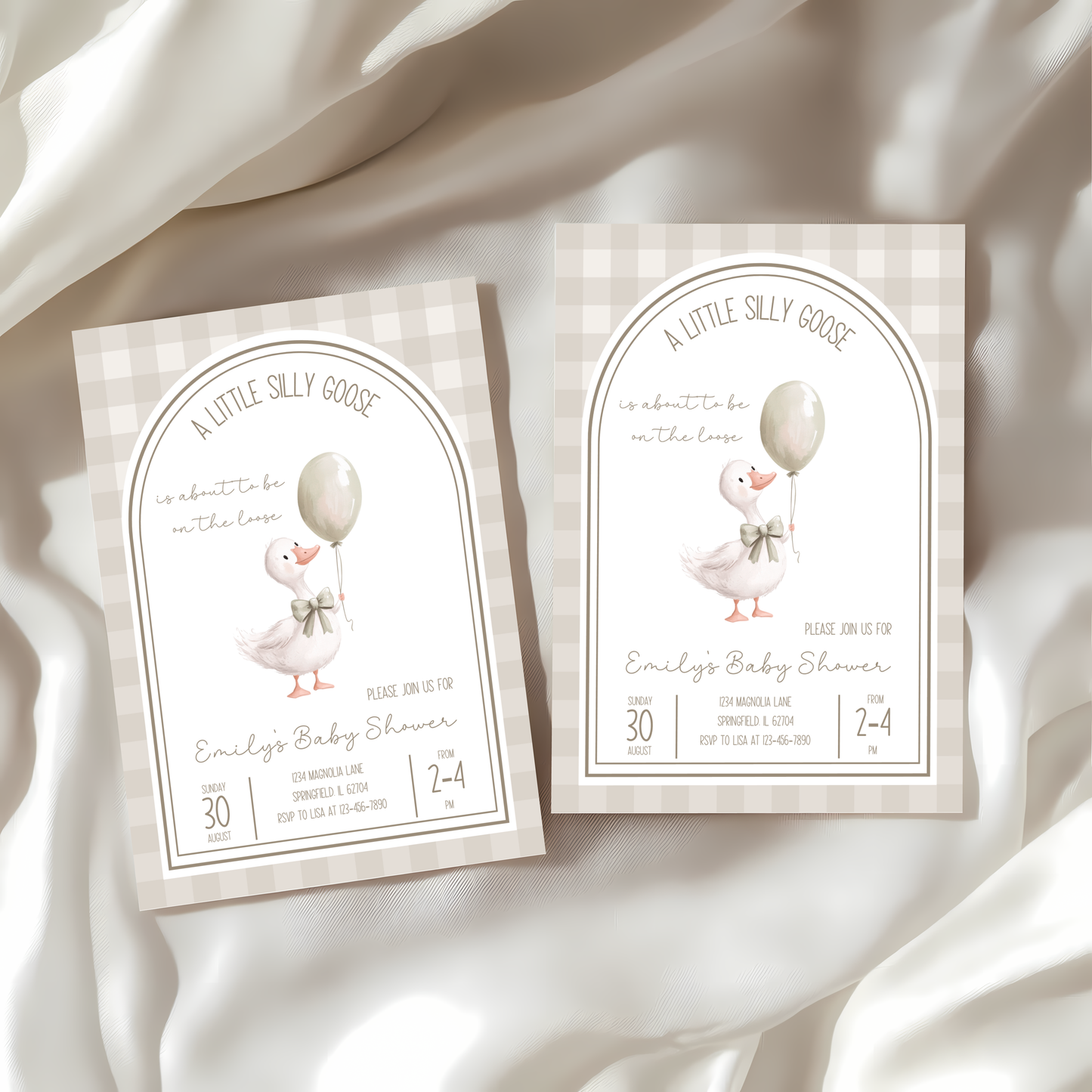 Baby Shower Invitation - Neutral Beige Silly Goose Gingham BS90