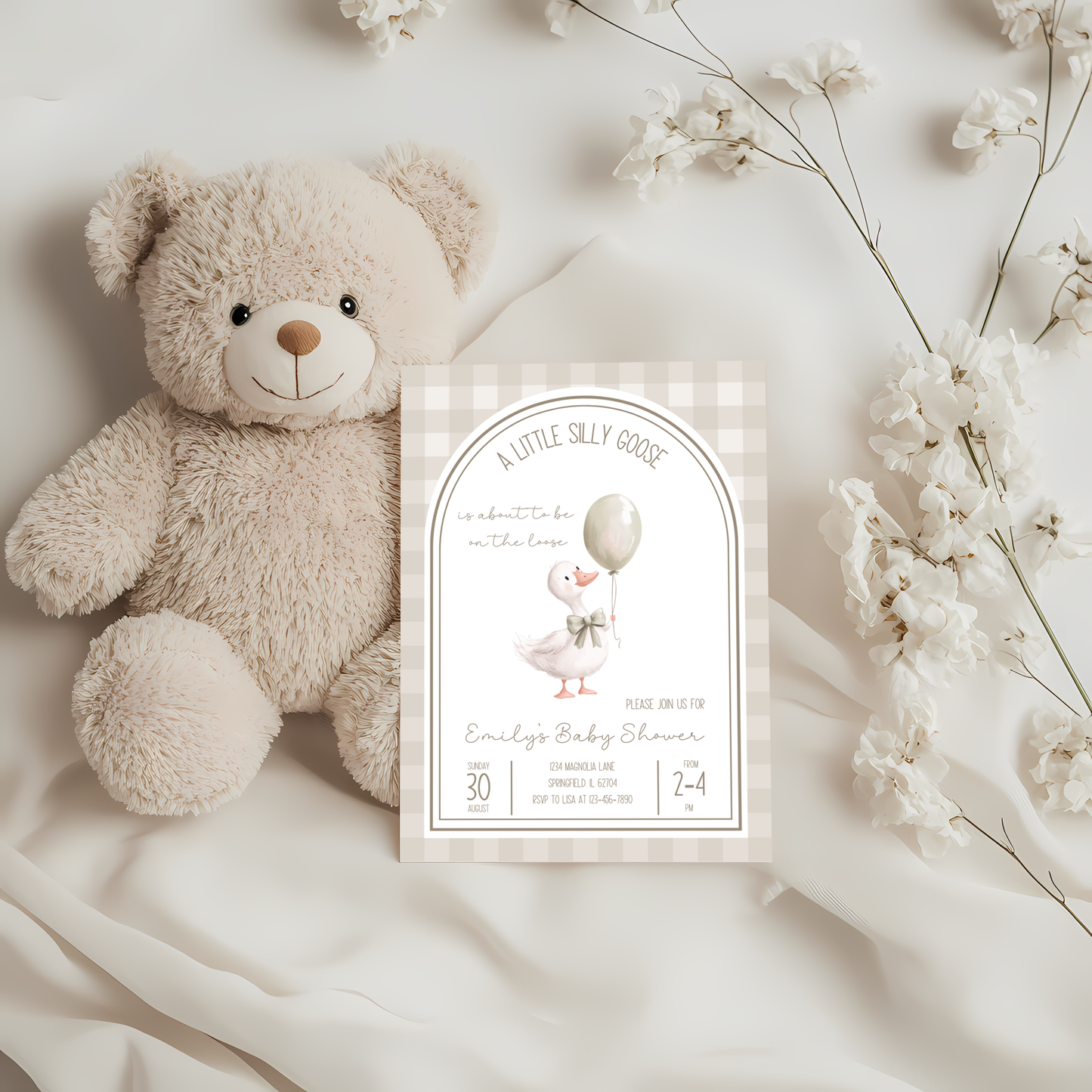 Baby Shower Invitation - Neutral Beige Silly Goose Gingham BS90