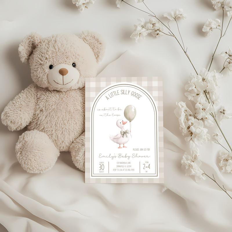Baby Shower Invitation - Neutral Beige Silly Goose Gingham BS90