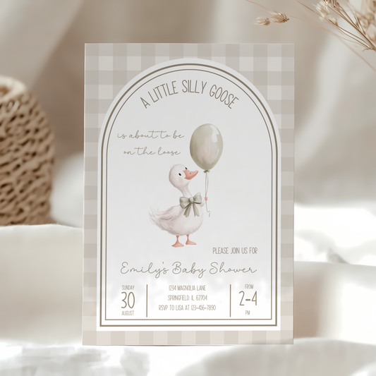 Baby Shower Invitation - Neutral Beige Silly Goose Gingham BS90