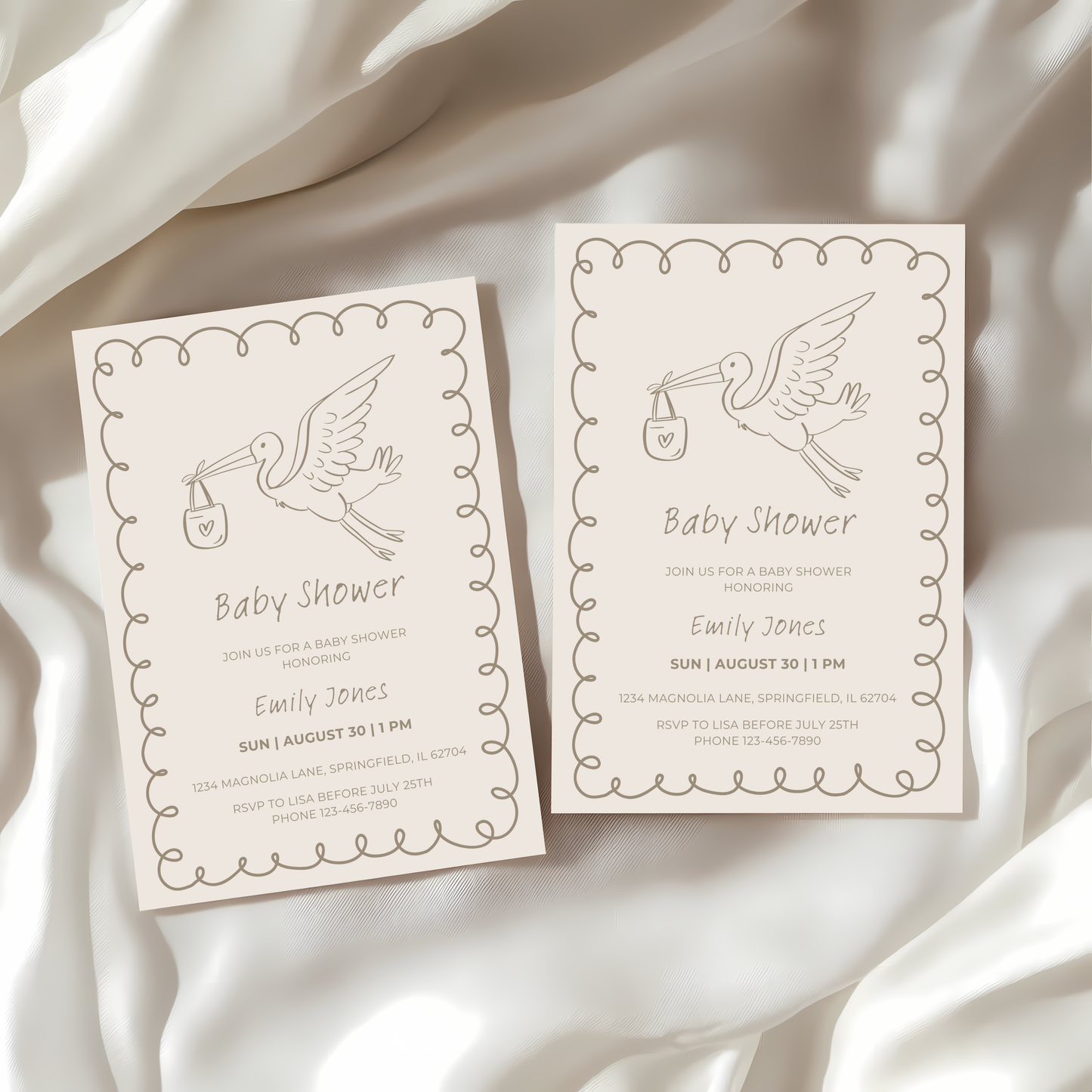 Baby Shower Invitation - Hand Drawn Stork Gender Neutral Beige BS105