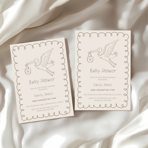 Baby Shower Invitation - Hand Drawn Stork Gender Neutral Beige BS105