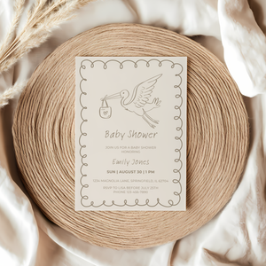 Baby Shower Invitation - Hand Drawn Stork Gender Neutral Beige BS105
