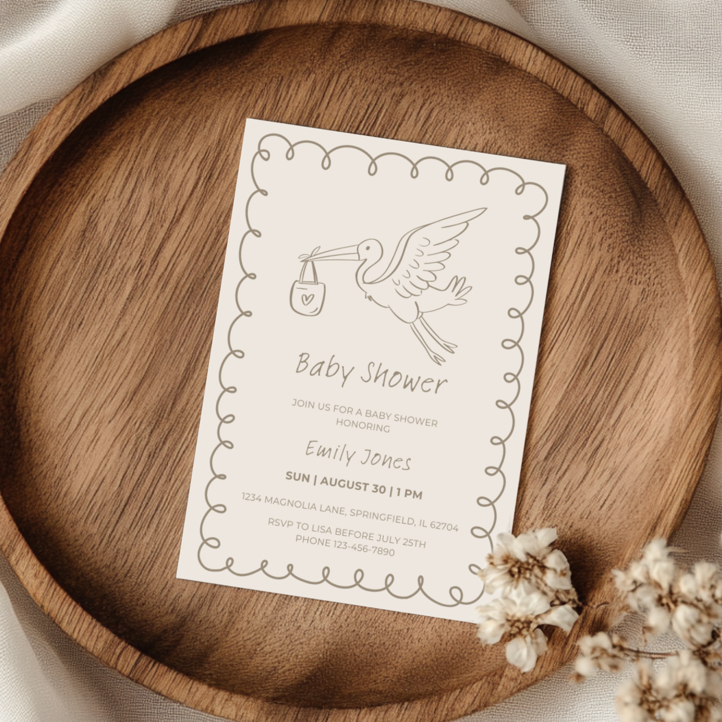 Baby Shower Invitation - Hand Drawn Stork Gender Neutral Beige BS105