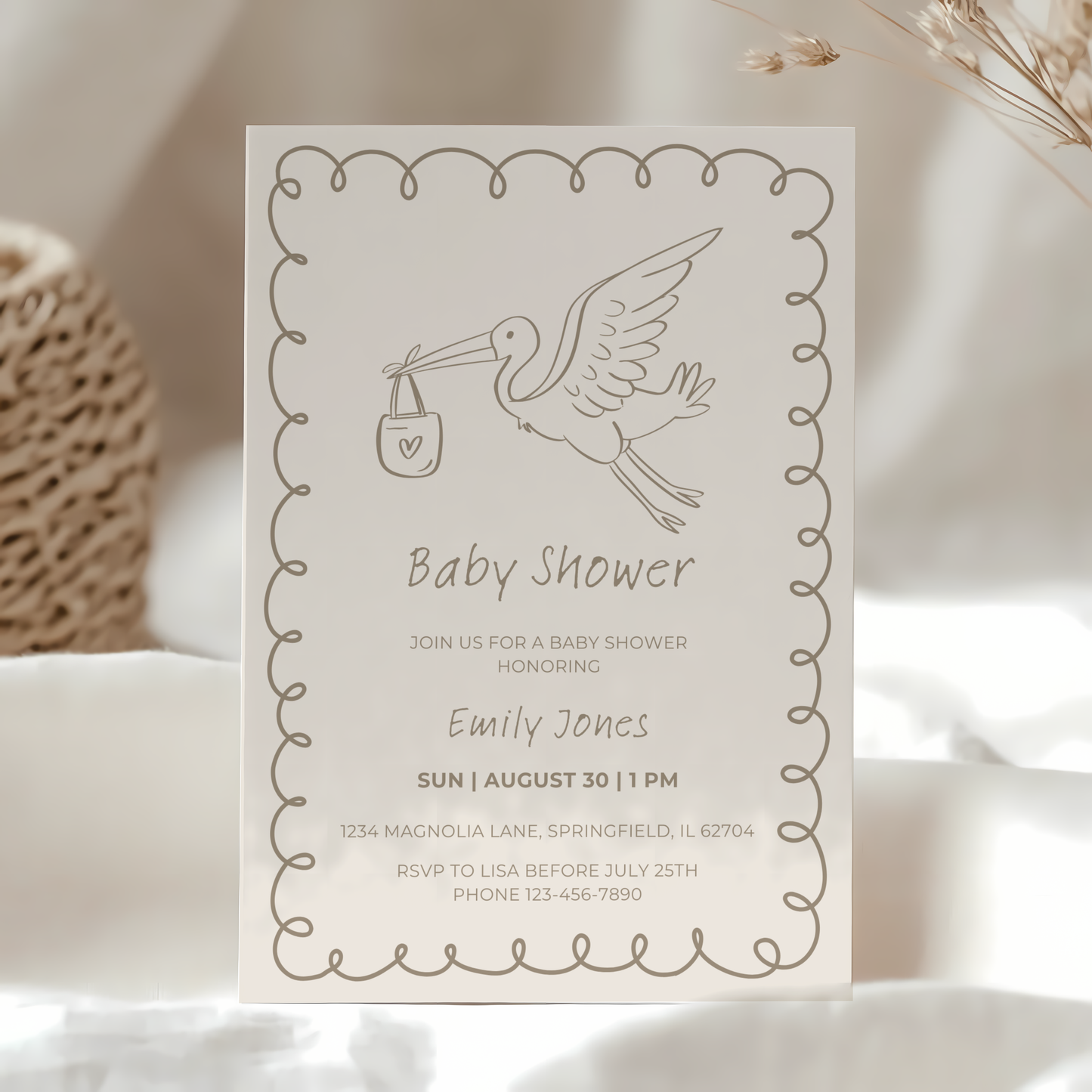 Baby Shower Invitation - Hand Drawn Stork Gender Neutral Beige BS105