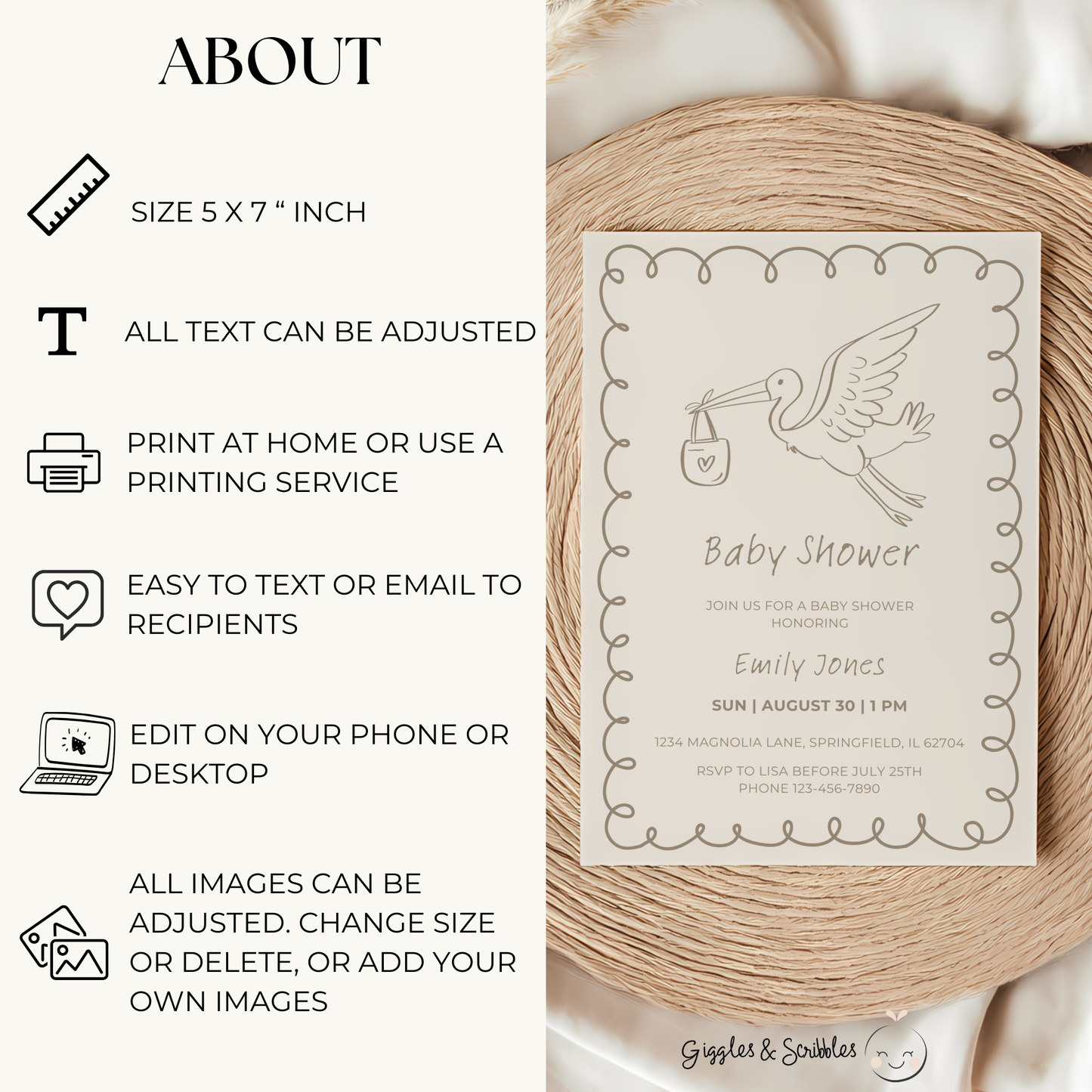 Baby Shower Invitation - Hand Drawn Stork Gender Neutral Beige BS105