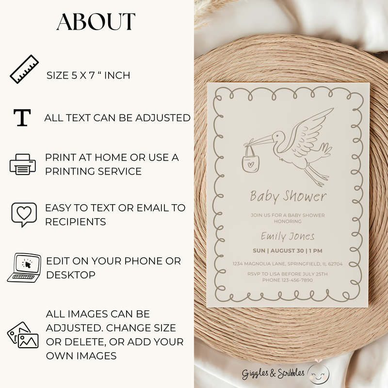Baby Shower Invitation - Hand Drawn Stork Gender Neutral Beige BS105