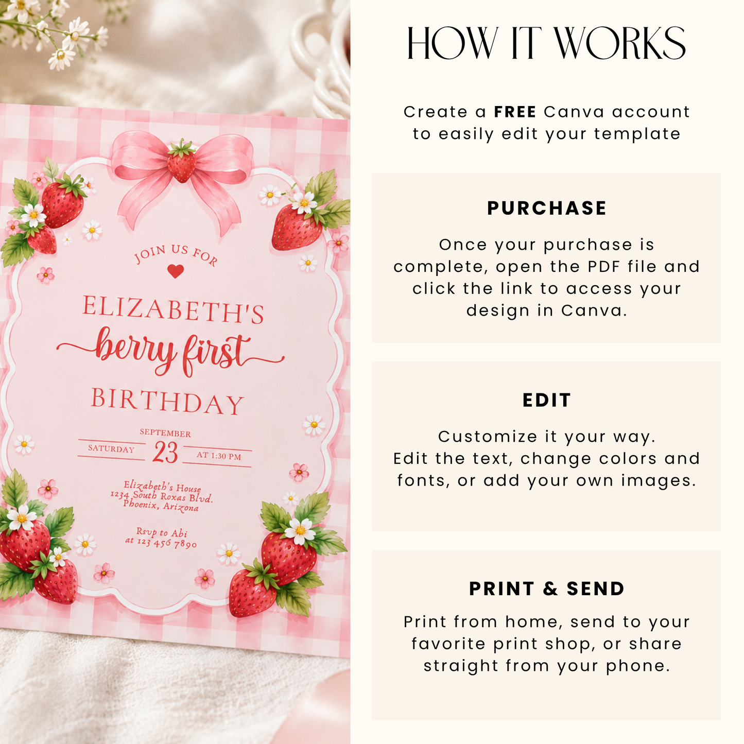 Berry First Birthday Invitation Strawberry Theme L142