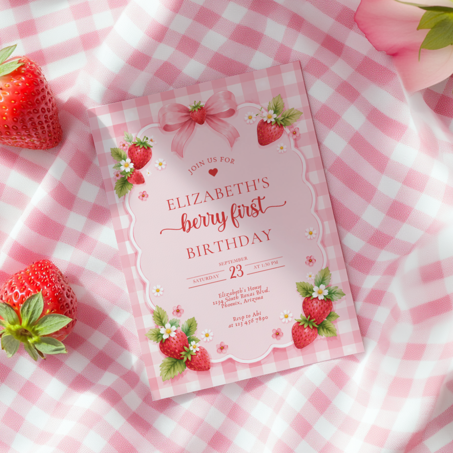 Berry First Birthday Invitation Strawberry Theme L142