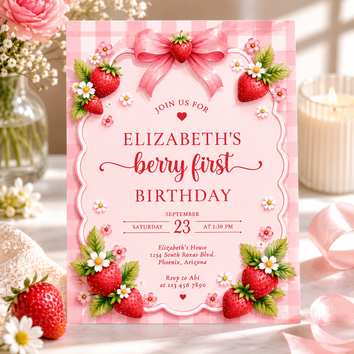 Berry First Birthday Invitation Strawberry Theme L142