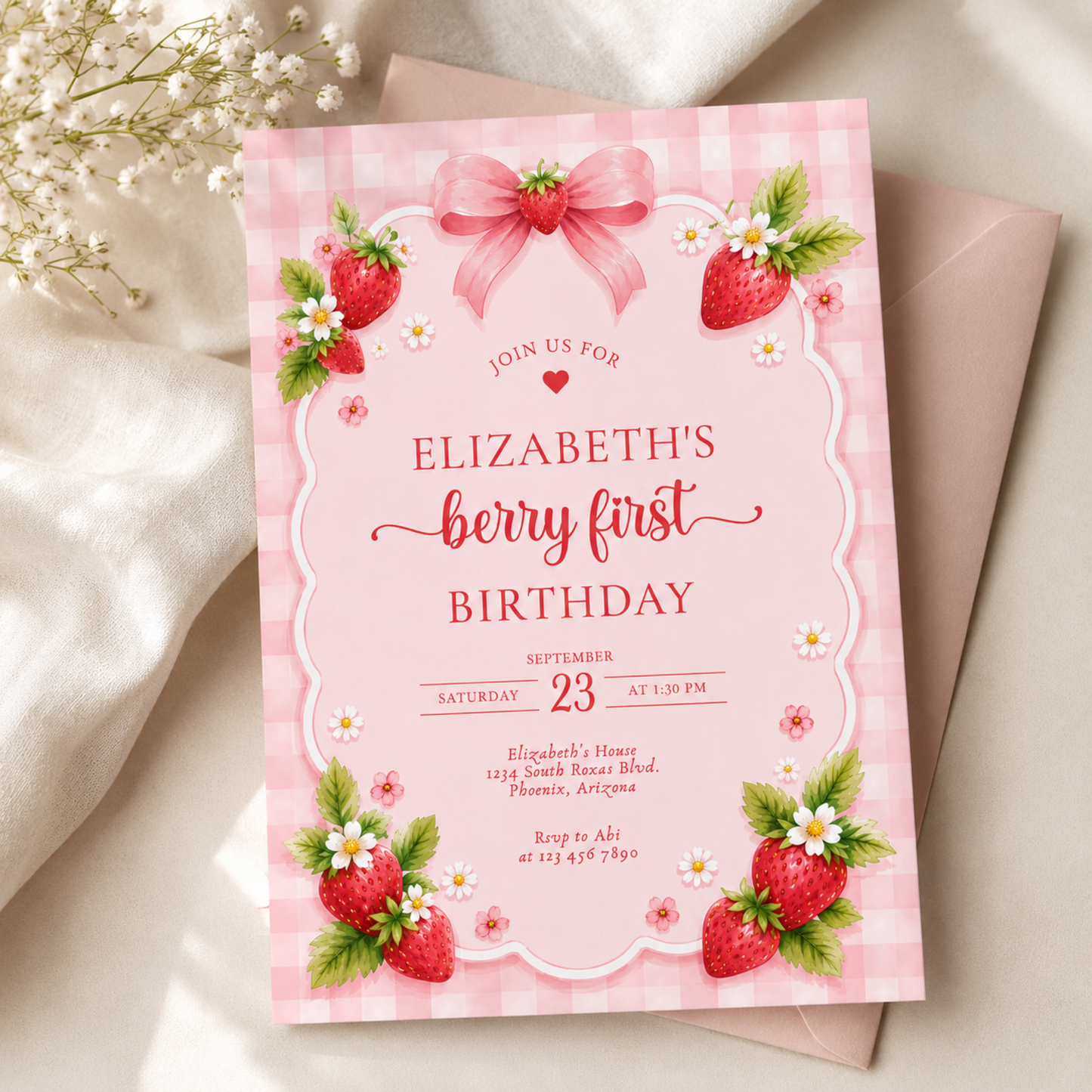 Berry First Birthday Invitation Strawberry Theme L142