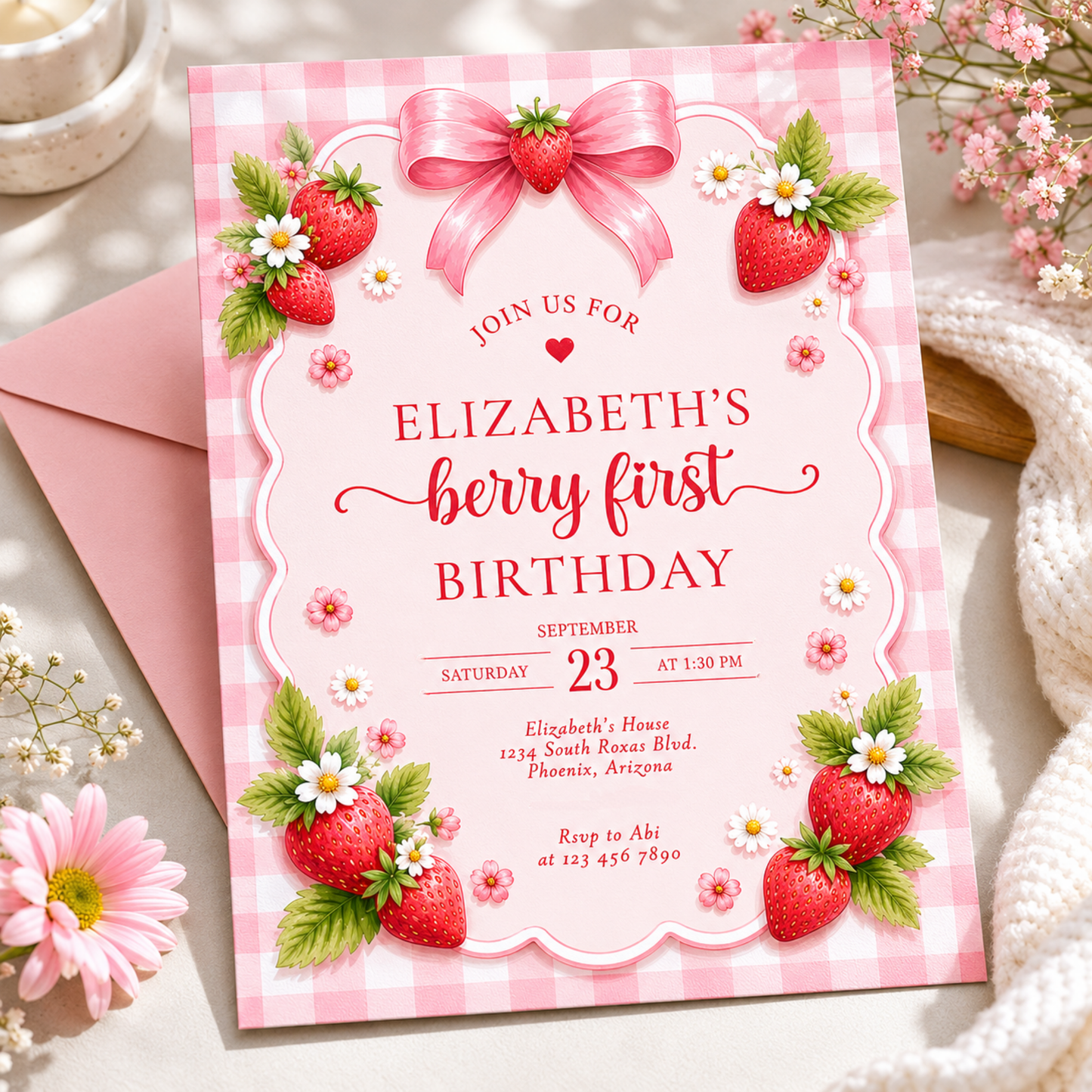 Berry First Birthday Invitation Strawberry Theme L142
