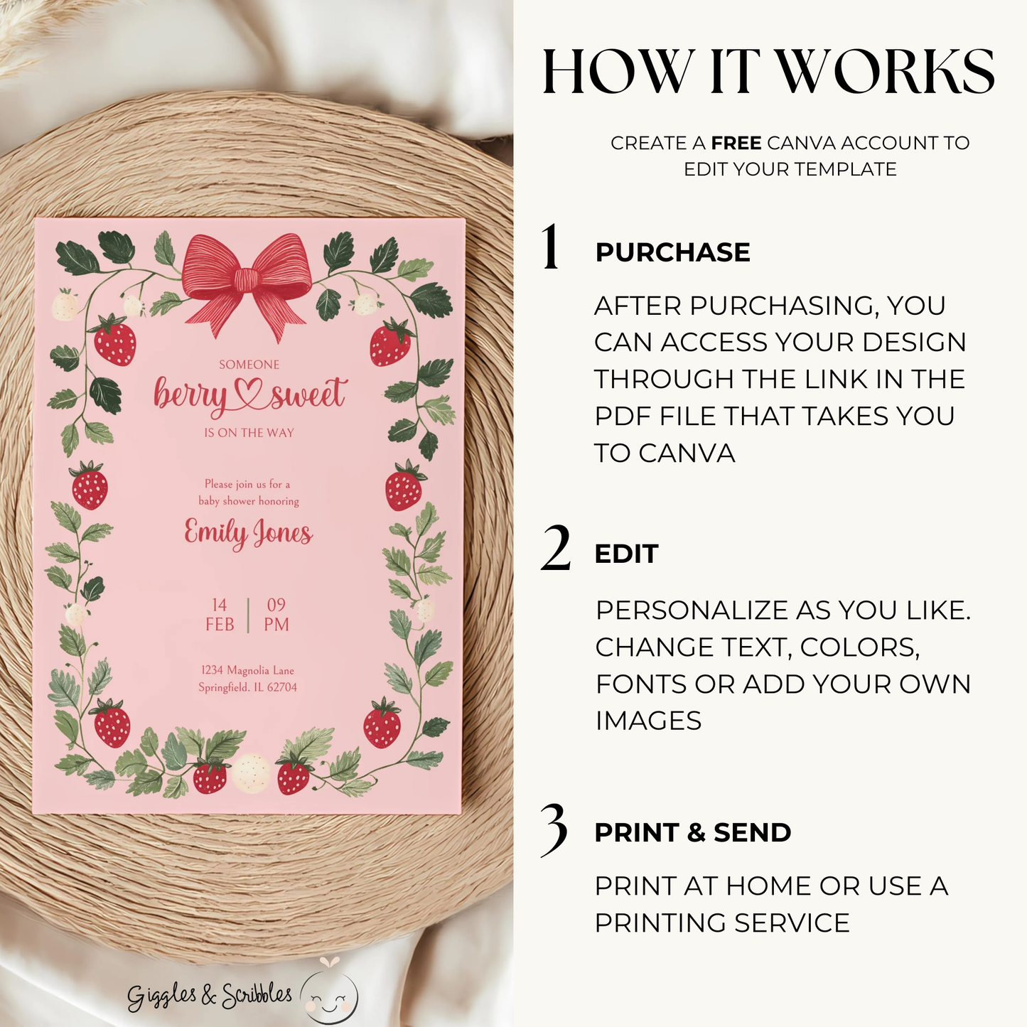 Baby Shower Invitation Bundle - Pink Strawberry Berry Sweet Vintage Floral BS63